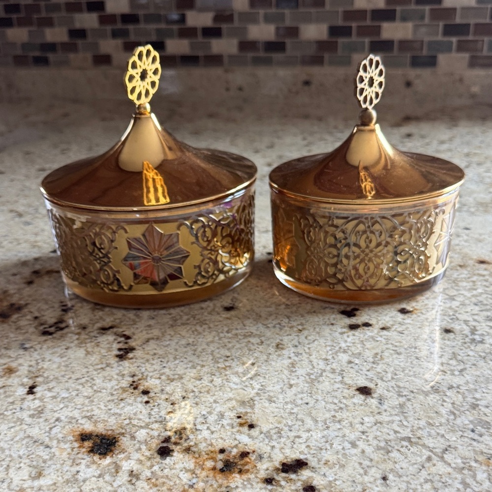 Gold Decorative Lidded Glass Trinket Jars - Set of 2